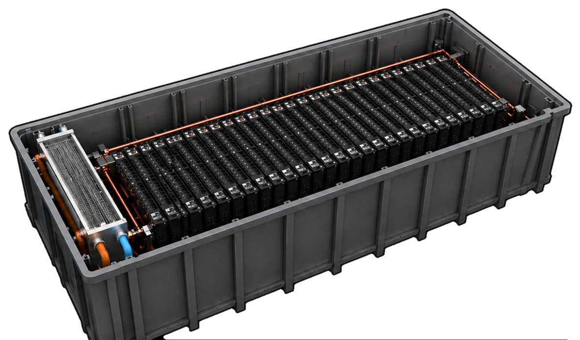 Close-up of a DC Uptime immersion compute module with submerged servers and internal heat exchanger