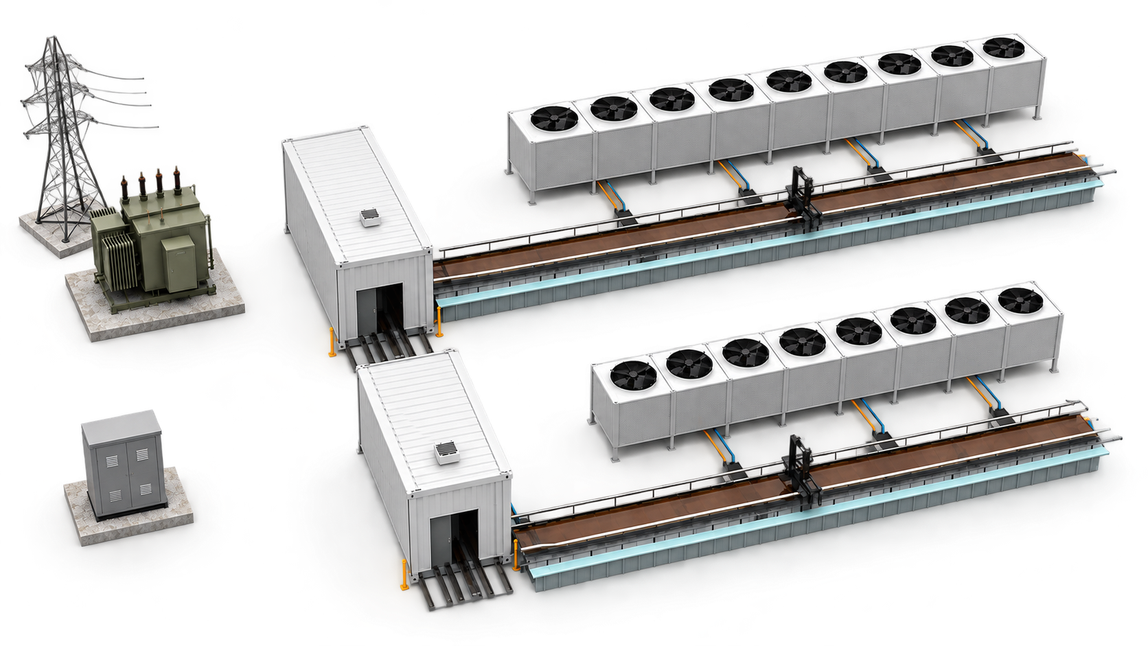 DC Uptime platform with site power, two service stations, two immersion compute trenches, two dry cooler arrays and rail-based robotic maintenance