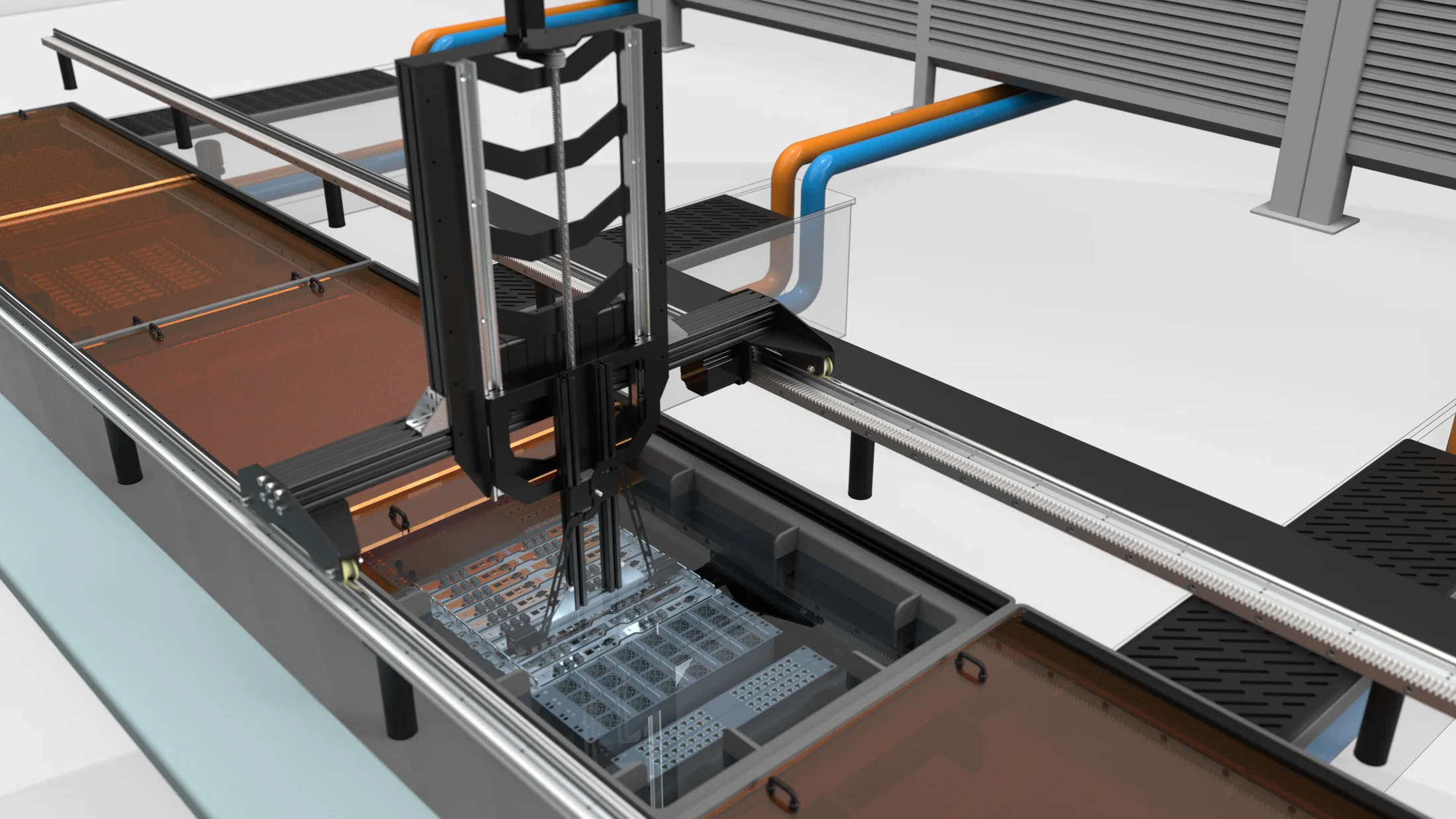 Rail-based robotic system extracting a server module from an immersion trench